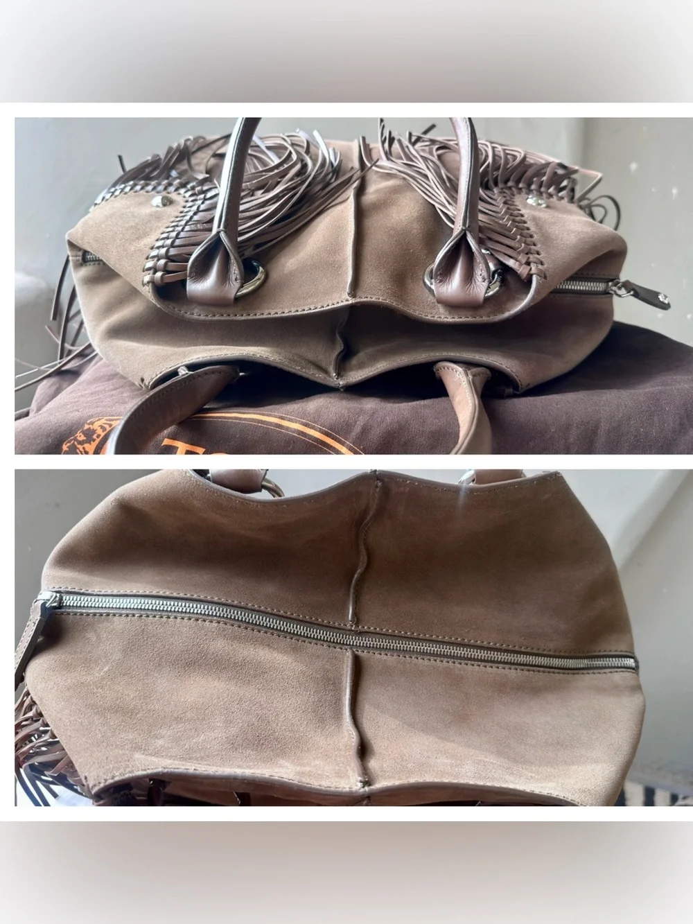 ❌SOLD! ❌TOD’S Large Fringe Cape Bag Suede Leather Satchel Brown - Picture 6 of 14